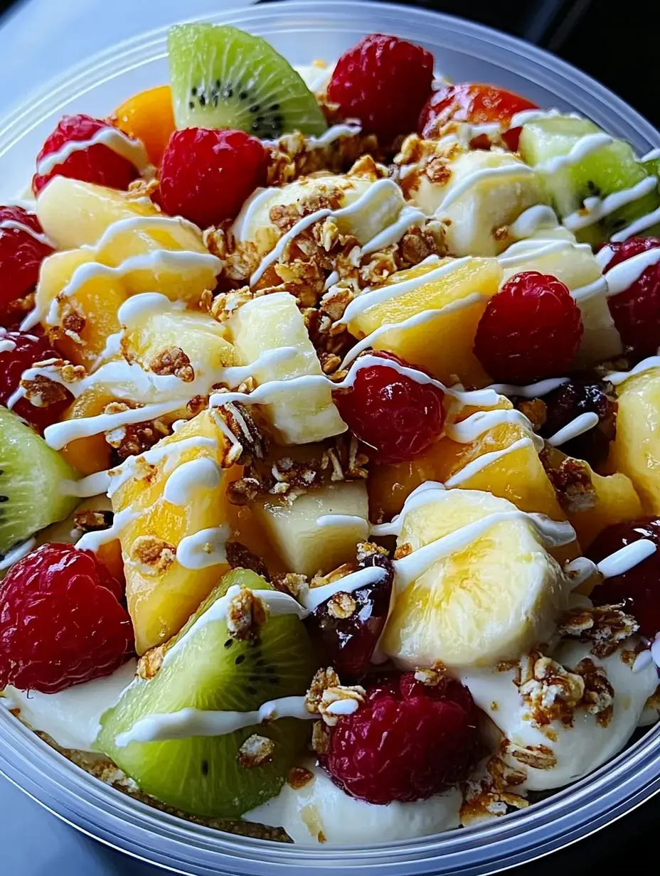 Bunte Obstsalat-Schale mit Granola und Sahne, serviert in einer Glas-Schüssel.