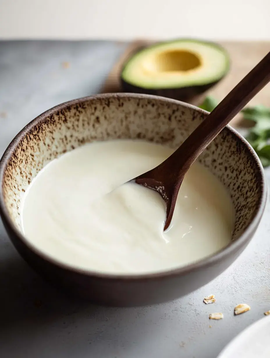 Eine braune Schüssel mit cremiger Sauce oder Dip wird mit einem Holzlöffel gezeigt, daneben eine halbierte Avocado und etwas Haferflocken im Hintergrund.