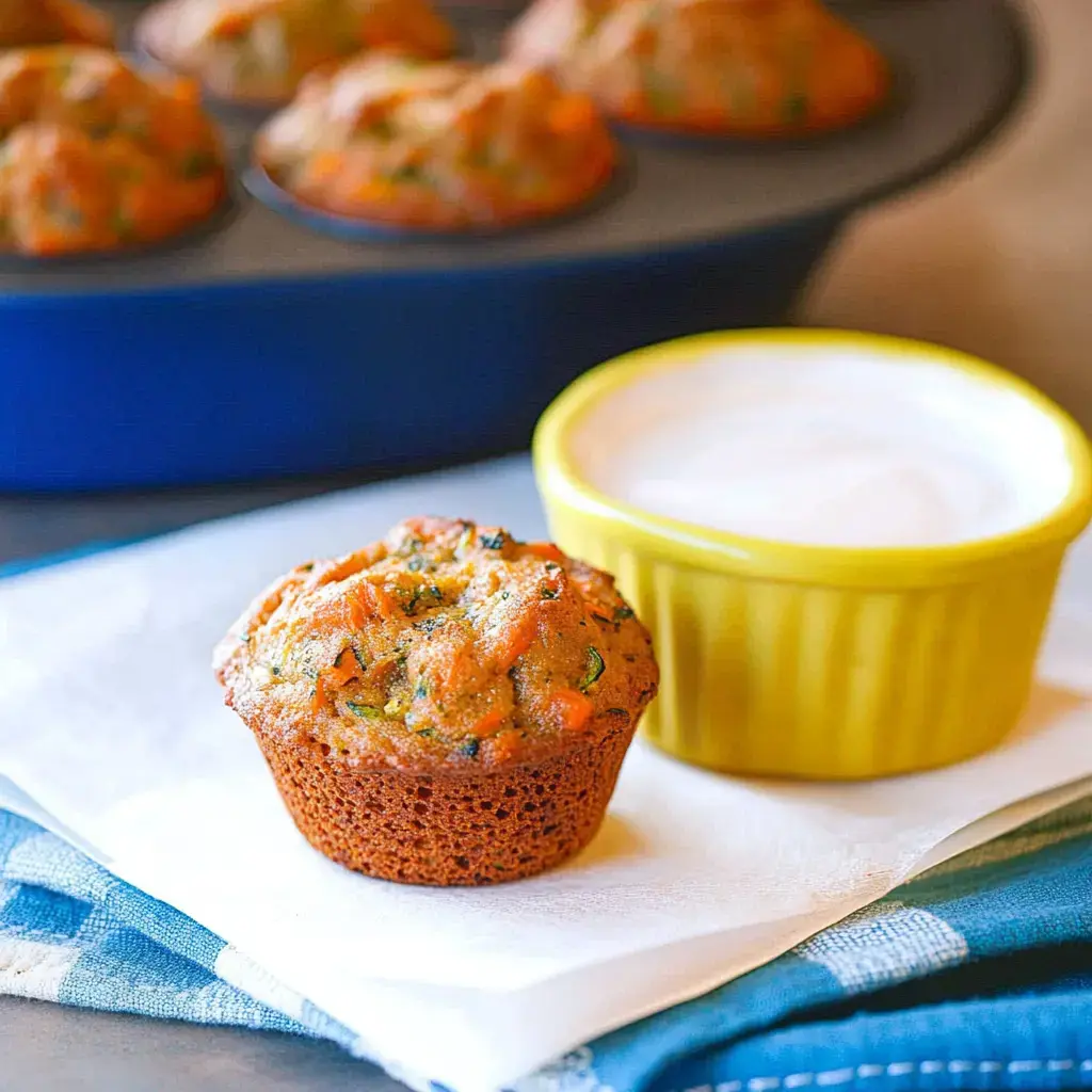 Ein frisch gebackener Muffin mit sichtbaren Gemüsestückchen liegt auf einer Serviette, daneben eine gelbe Schale mit Dip; im Hintergrund stehen in einer blauen Form weitere Muffins.