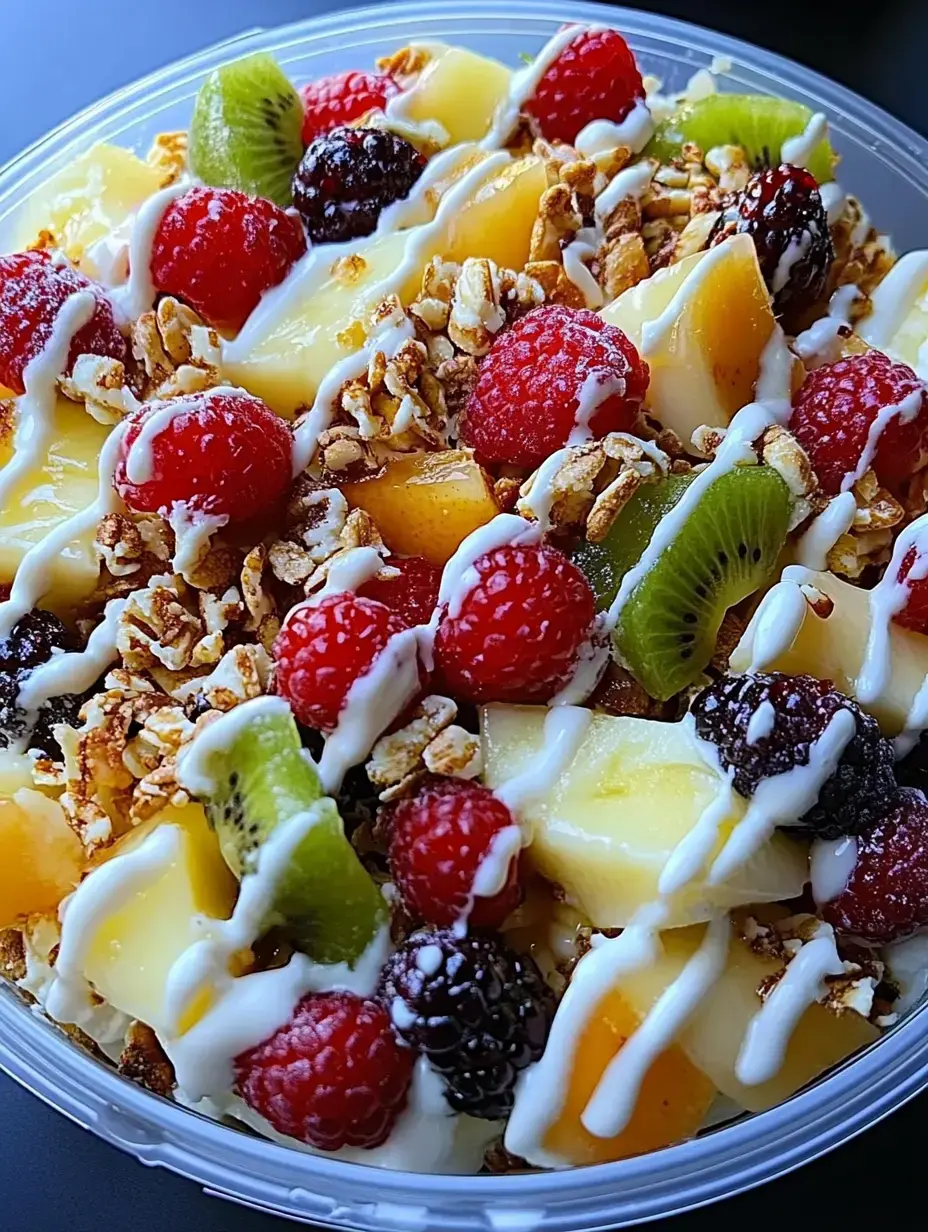 Nahaufnahme: Bunte Früchtemischung mit Granola und heller Soße oben drauf.