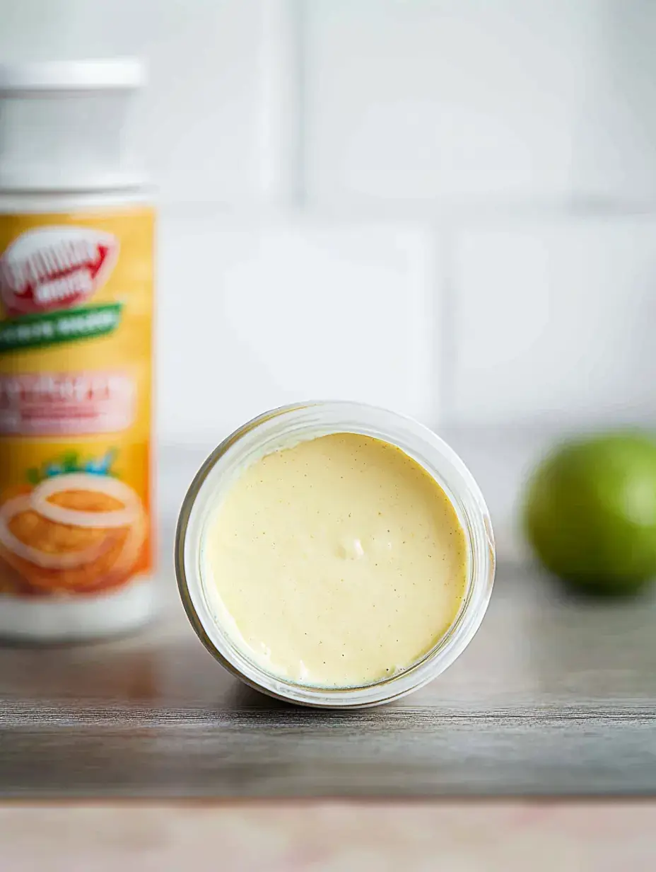 Ein Glas mit cremiger Sauce steht auf einer Holzoberfläche mit einer Limette und einem Behälter mit Gewürzen unscharf im Hintergrund.