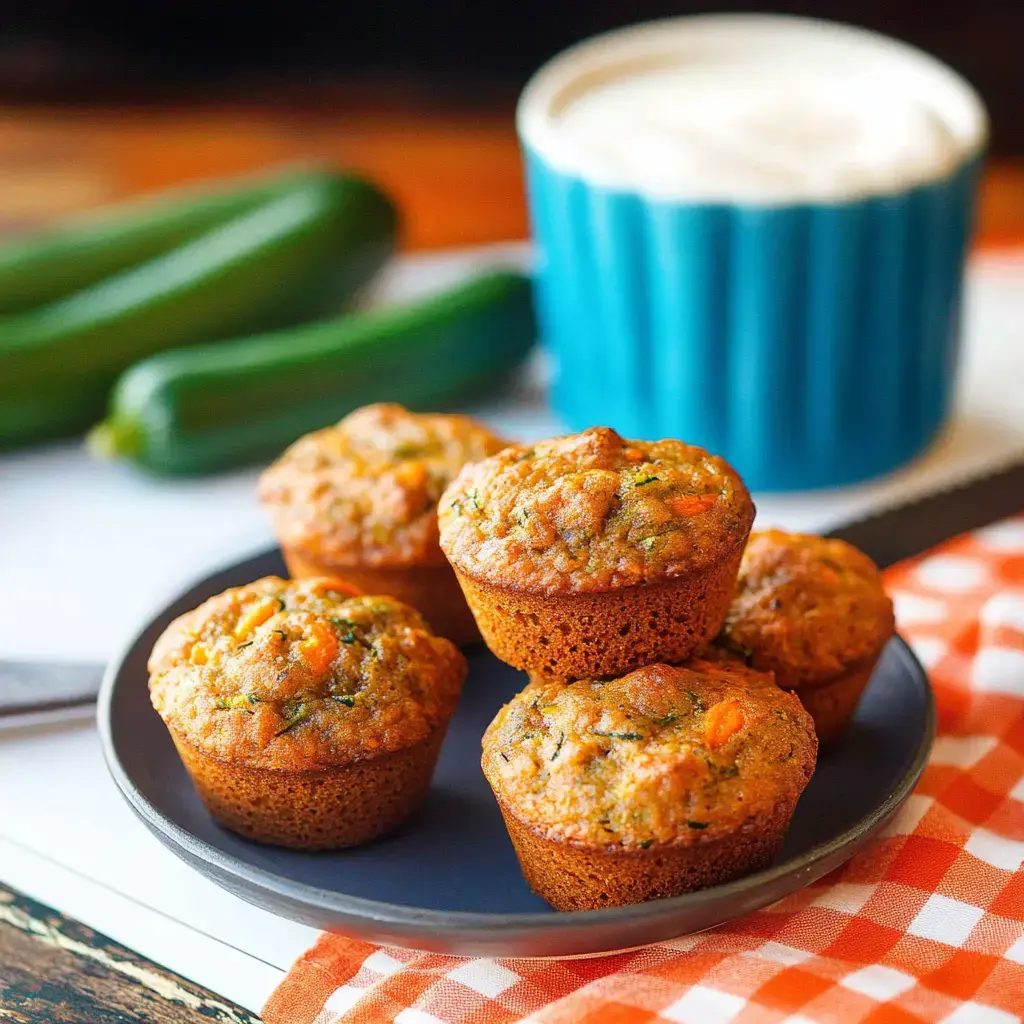 Ein Teller mit frisch gebackenen Zucchini-Muffins steht neben einer blauen Tasse und Zucchini auf einem karierten Tuch.