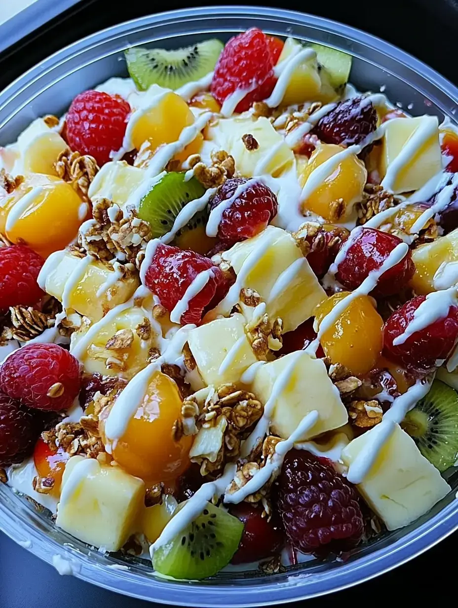 Obstmix mit Himbeeren, Mango, Kiwi, Granola und Joghurt, alles in einer durchsichtigen Schale.