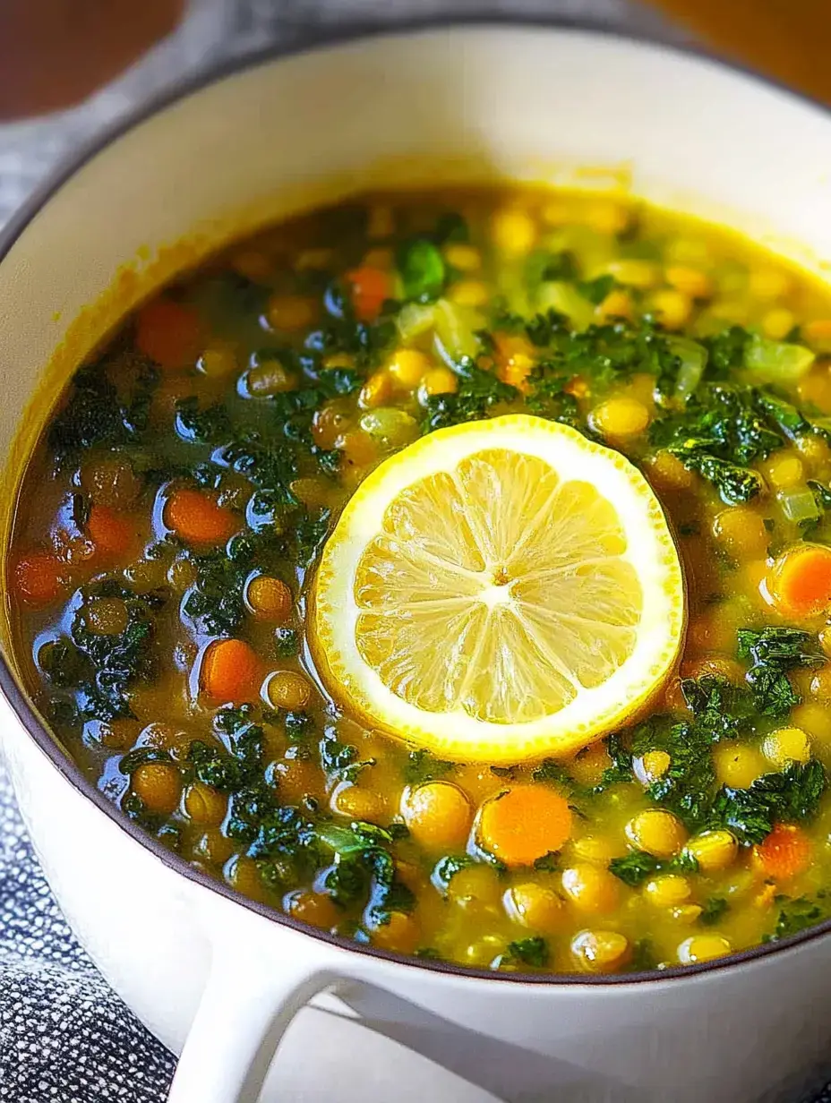 Schale mit bunter Linsensuppe, Karotten, Grünkohl und Zitronenscheibe als Topping.
