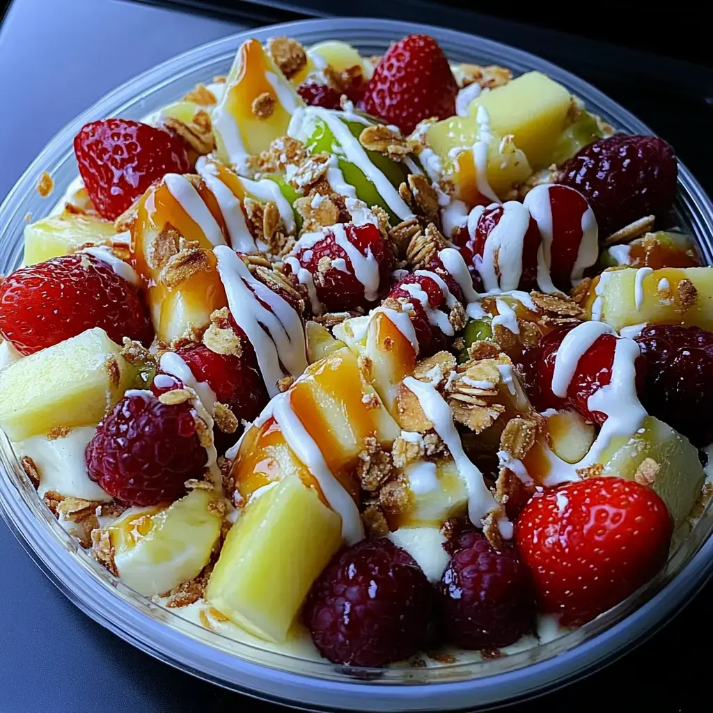 Obstschale mit Erdbeeren, Himbeeren, Ananas, Mango, Granola und heller Soße als Topping.