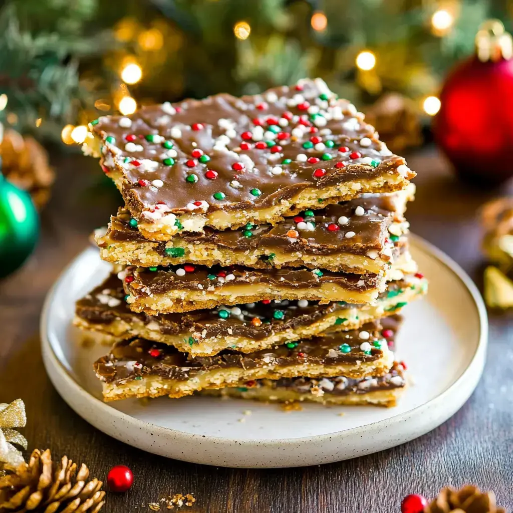 Schoko-Toffee-Stücke mit roten und grünen Streuseln auf einem hellen Teller und festlicher Dekoration.