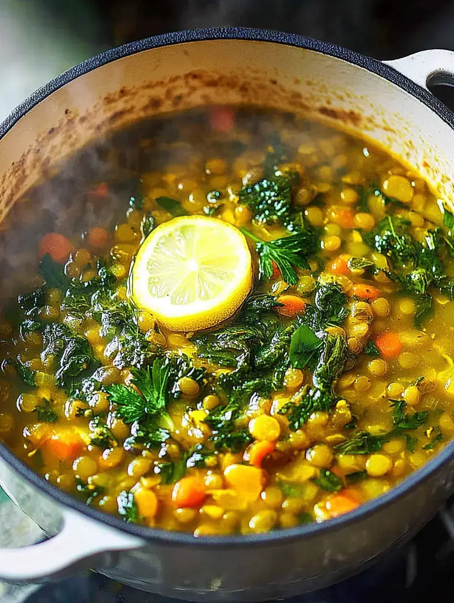 Kessel mit grüner Linsensuppe, viel Blattgemüse, gewürfelte Karotten und eine Zitronenscheibe obendrauf.