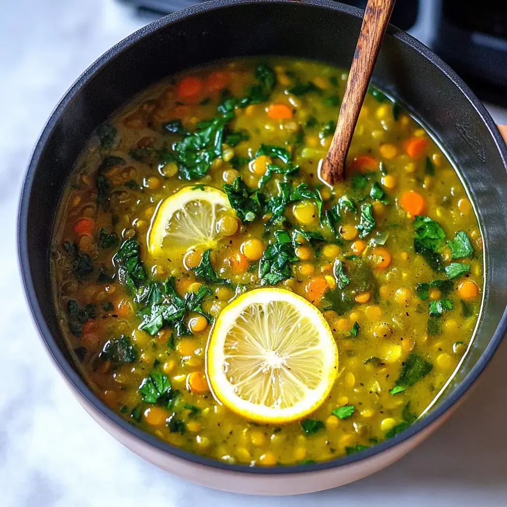 Schale mit grüner Linsensuppe, Spinat und Zitronenscheiben als Topping.