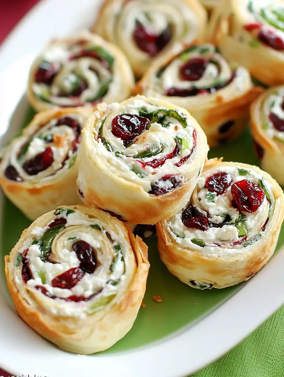 Eine Platte mit gerollten Gebäckspiralen gefüllt mit Frischkäse, grüner Paprika und Cranberries.
