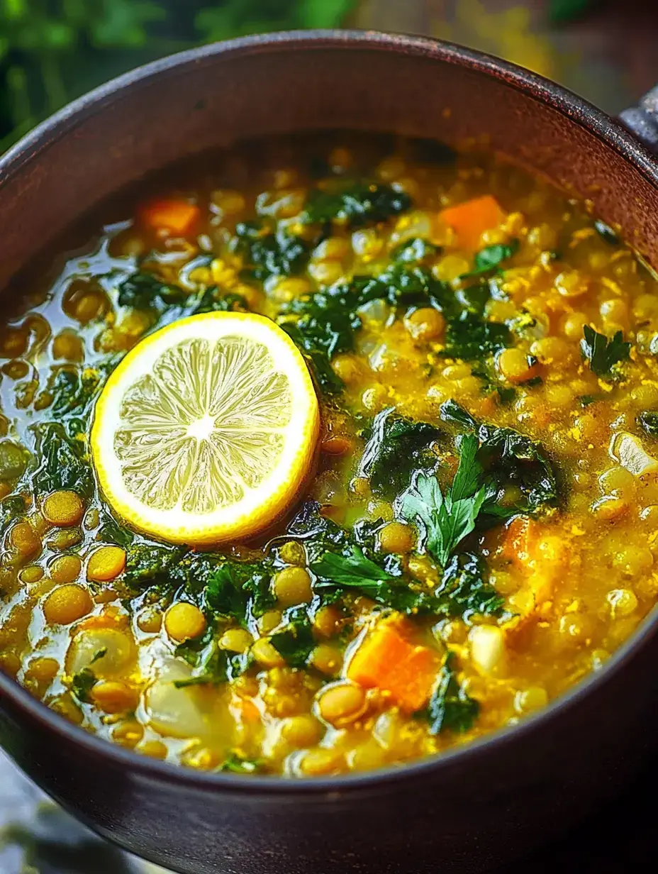 Schale mit Linsensuppe, Zitronenscheibe und frischem Grün, alles in warmen Farben angerichtet.