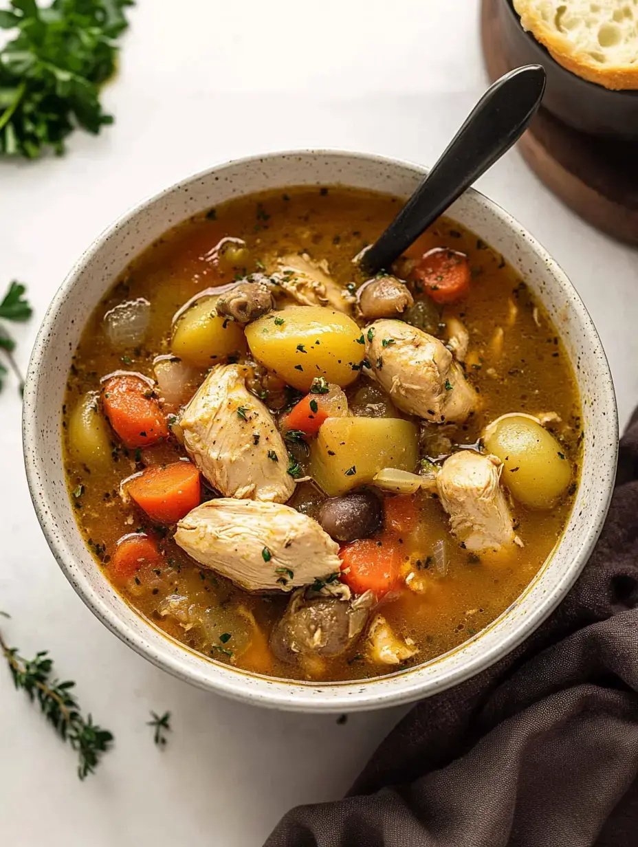 Eine Schale kräftige Hühnersuppe mit Gemüse, darunter Karotten, Kartoffeln und Pilzen, mit Kräutern bestreut.