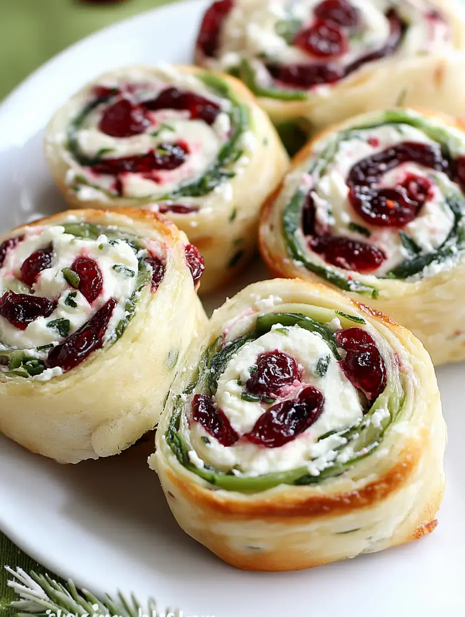 Ein Teller mit gerollten Gebäckscheiben gefüllt mit Frischkäse, Kräutern und Cranberries, hübsch für die Präsentation angerichtet.