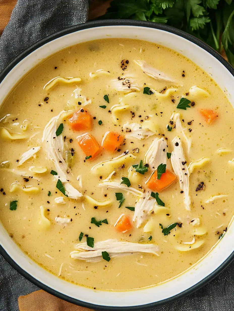 Eine Schale cremige Hühnernudelsuppe mit zerzupftem Huhn, Karotten, garniert mit Petersilie.