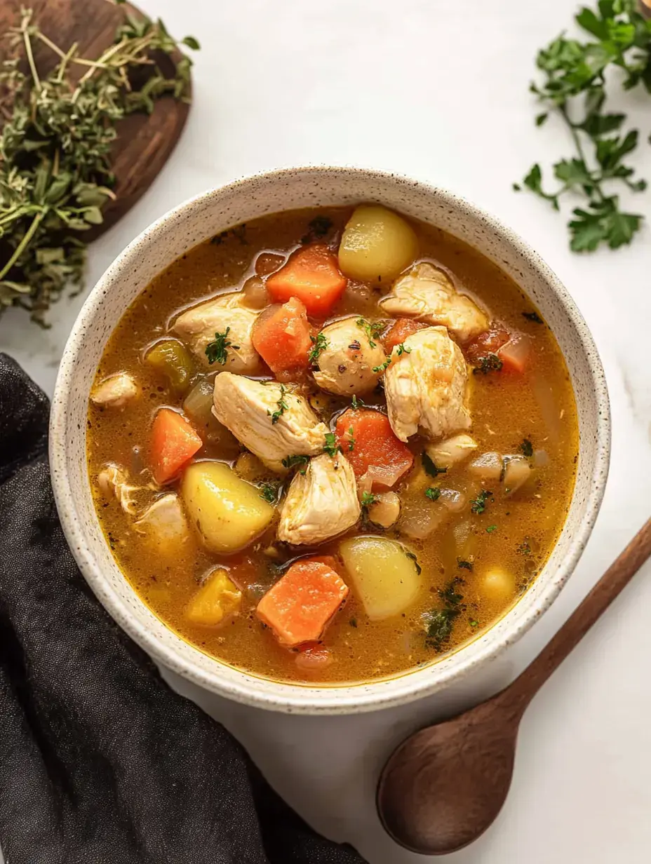 Schale heiße Hühnersuppe mit Gemüse, darunter Kartotten und Kartoffeln, mit Kräutern garniert.