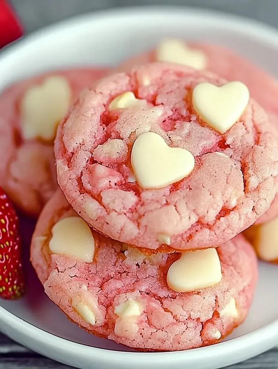 Nahaufnahme von rosafarbenen Keksen mit hübschen weißen Schokoherzen, in einer weißen Schale mit frischen Erdbeeren daneben.