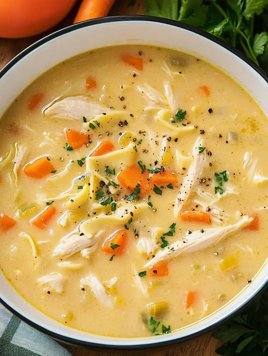 Eine cremige Hühnernudelsuppe mit zartem Hähnchen, Karotten und Kräutern, serviert in einer Schüssel.