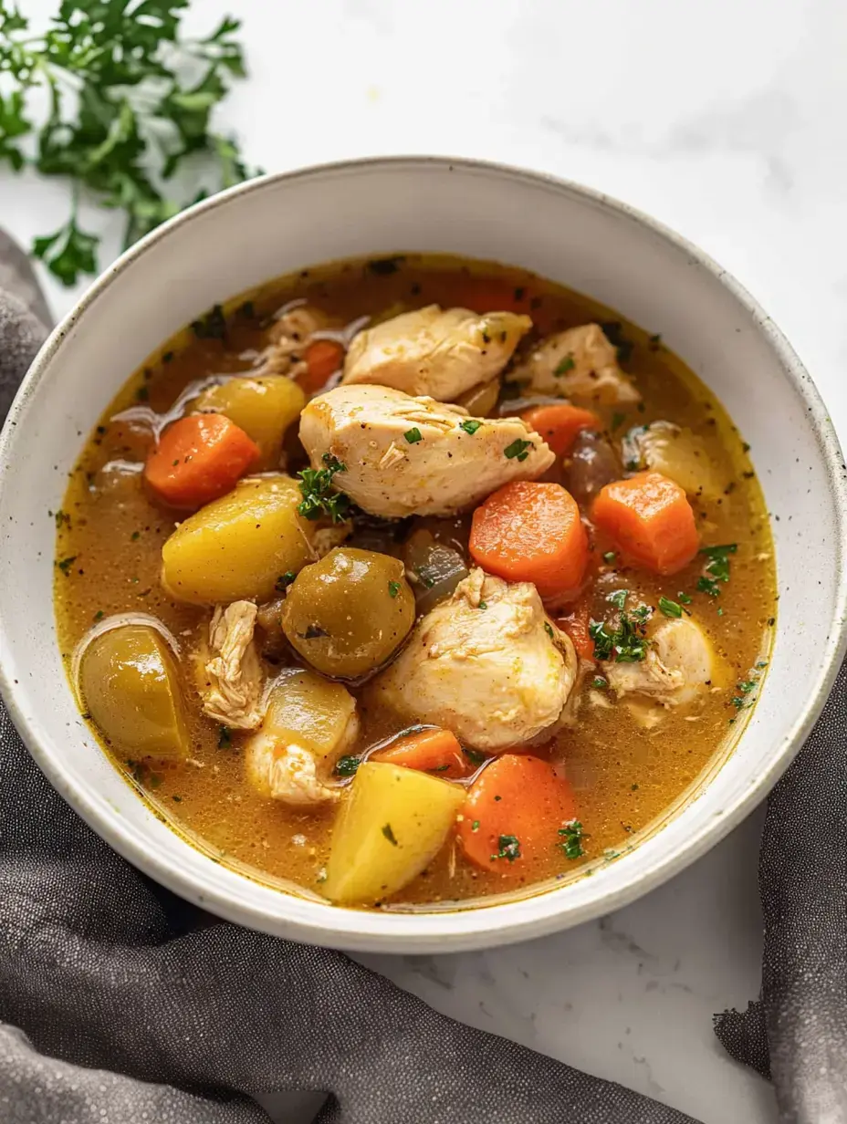 Eine Schale saftige Hühnersuppe mit Hähnchenstücken, Karotten, Kartoffeln und grünen Oliven, mit Petersilie garniert.