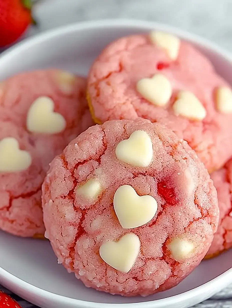 Ein Teller mit rosa Keksen, darauf weiße Schokoherzen, umgeben von frischen Erdbeeren.