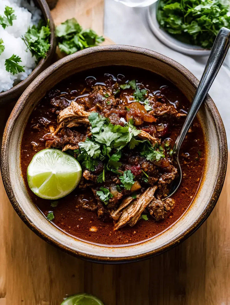 Eine Schüssel mit kräftigem Eintopf, weiches zerrupftes Fleisch, Koriander und Limette drauf, daneben weißer Reis.