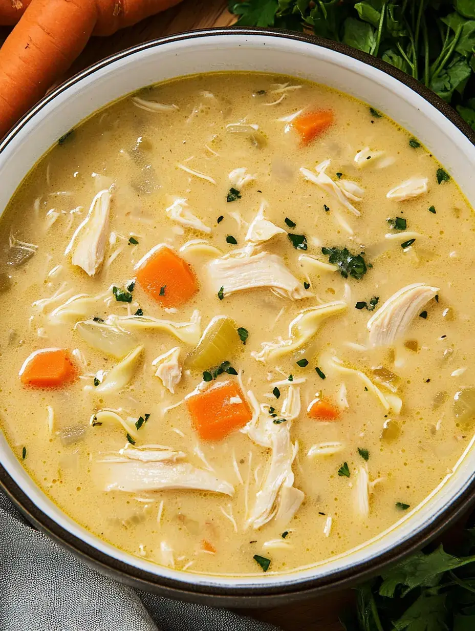 Schale mit cremiger Hühnersuppe mit zerkleinertem Hähnchen, Karotten und Sellerie, garniert mit Petersilie, daneben frisches Gemüse und Kräuter.