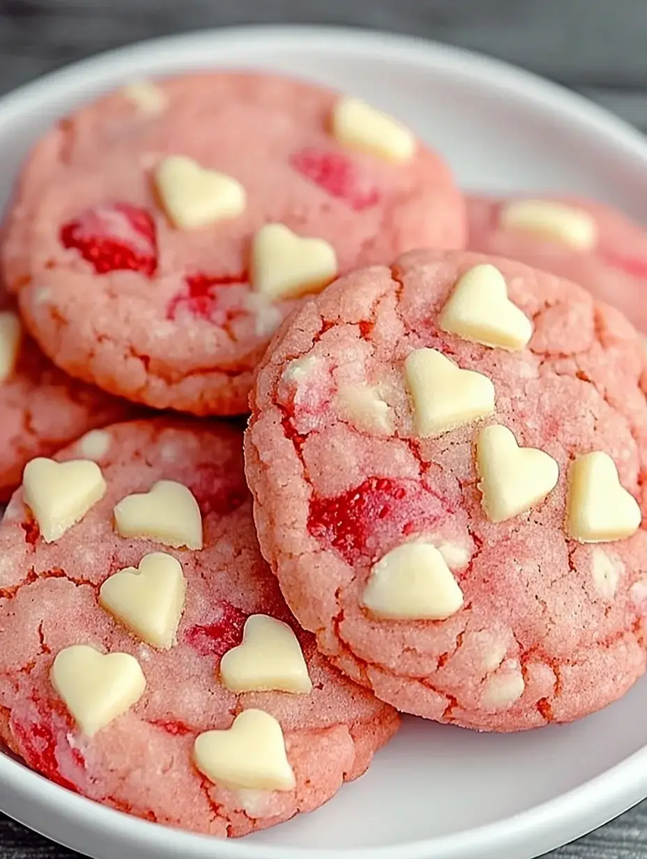 Ein Teller voller rosa Kekse mit weißen Schokostücken und Erdbeerstückchen.