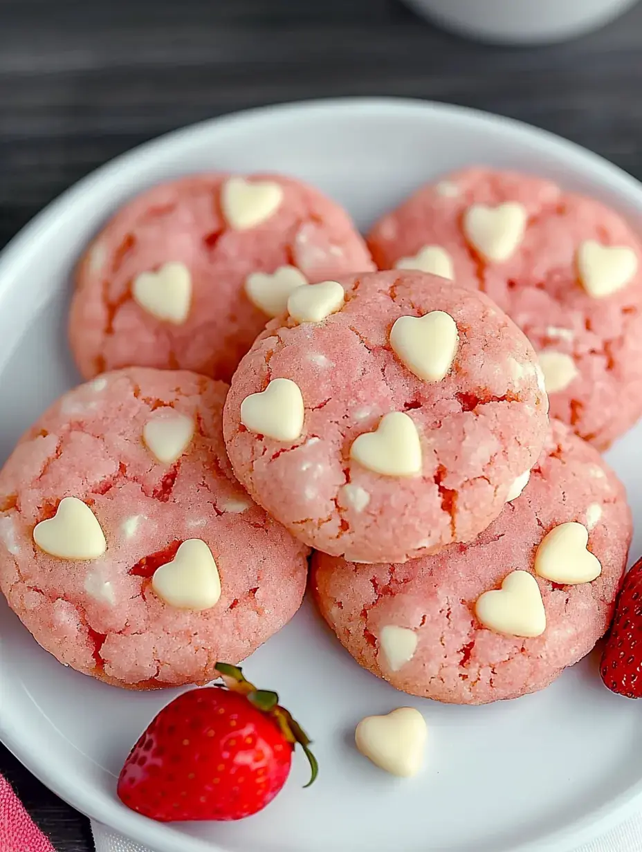 Ein Teller rosa Kekse mit weißen Schokoherzen, dazu frische Erdbeeren.