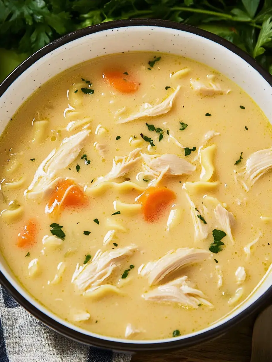 Hühnersuppe mit Bandnudeln, Möhren, Kräutern und zerkleinertem Hähnchen in cremiger Brühe, angerichtet in einer Schale.