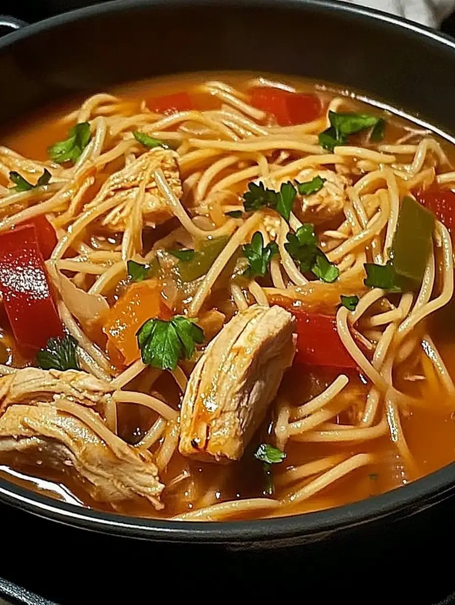 Eine Schüssel Hühnersuppe mit Nudeln, Paprika und frischer Petersilie garniert.