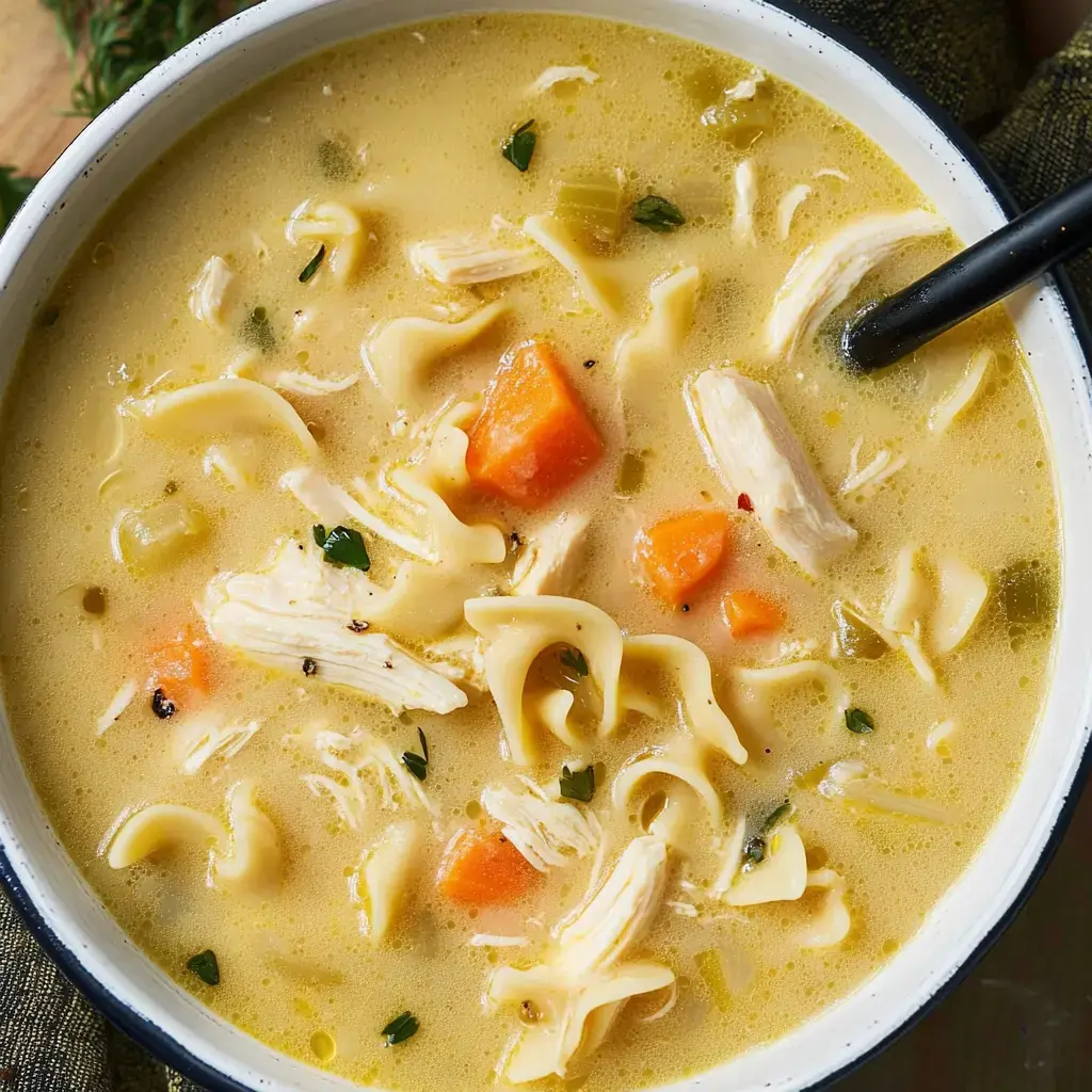 Eine Schale Hühnernudelsuppe mit Hähnchen, Nudeln, Karotten und frischen Kräutern in klarer Brühe.