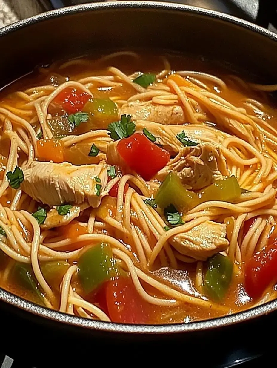 In einer Schale: Hühnersuppe mit Spaghetti, bunter Paprika und Koriander.