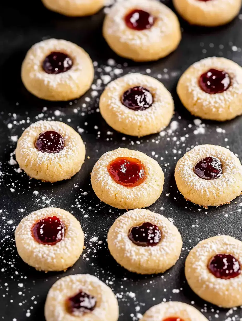 Ein Blech mit Daumendruck-Plätzchen, bestäubt mit Puderzucker und mit verschiedenfarbiger Marmelade gefüllt.