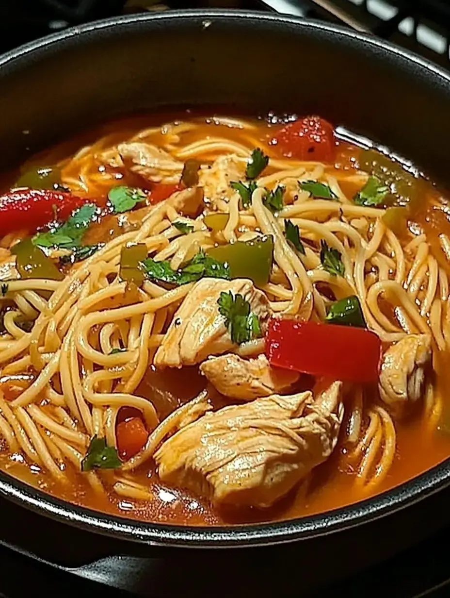 Ein Topf dampfender Nudelsuppe mit Hähnchen und frischem Koriander oben drauf.
