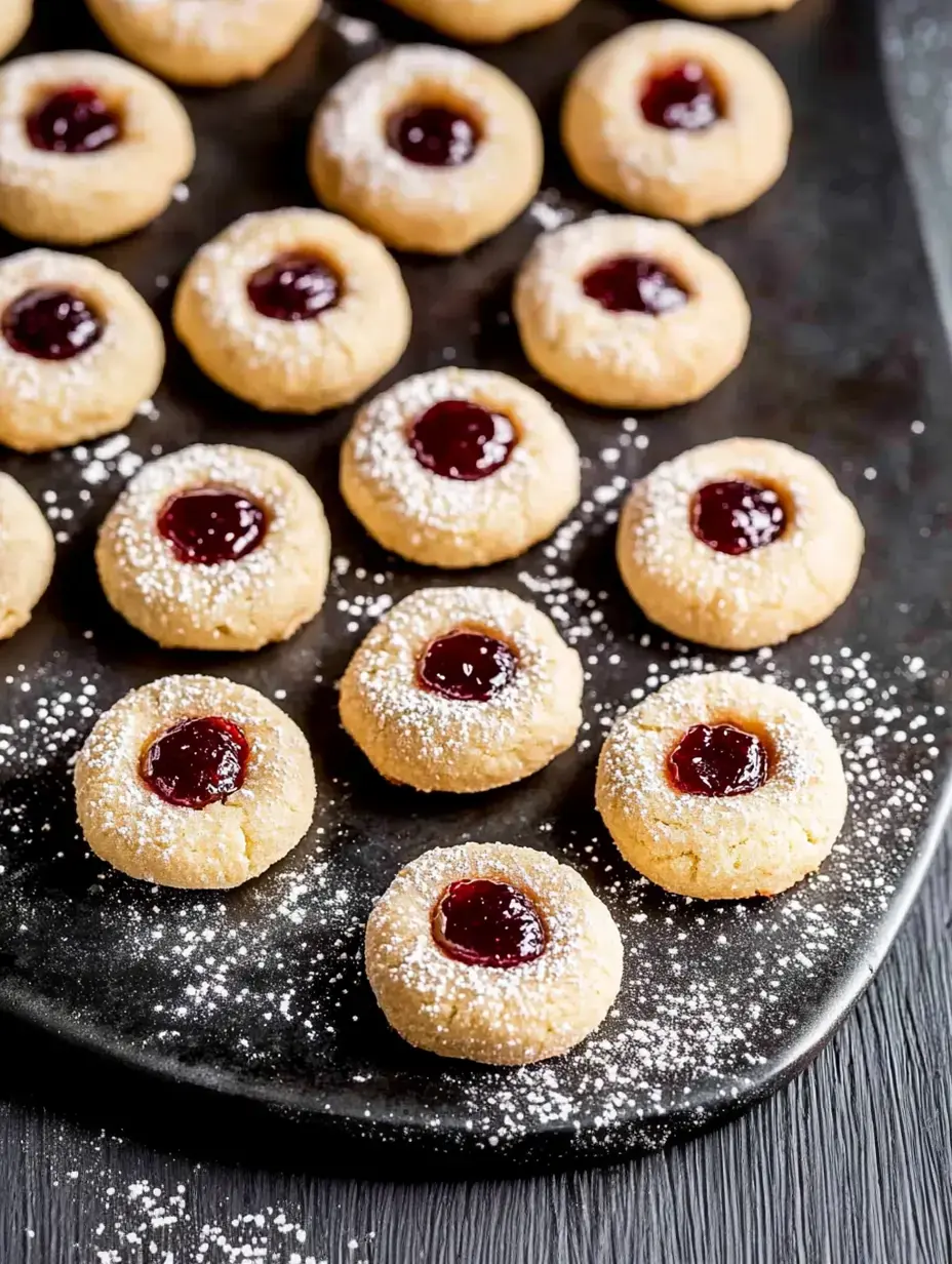 Ein Blech mit Puderzucker-Plätzchen, in der Mitte glänzende rote Marmelade, ordentlich arrangiert auf dunkler Oberfläche.