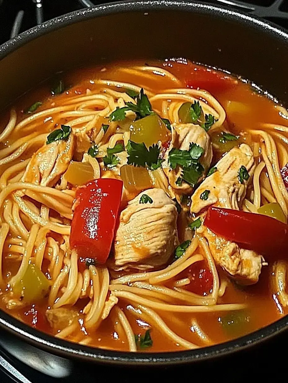 Nahaufnahme: Ein Topf voller Nudelsuppe mit Huhn, Paprika, Sellerie und frischem Koriander oben drauf.