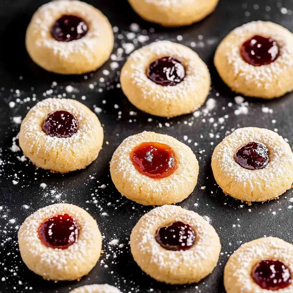 Ganz nah: Runde Plätzchen mit Puderzucker, in der Mitte Fruchtmarmelade.