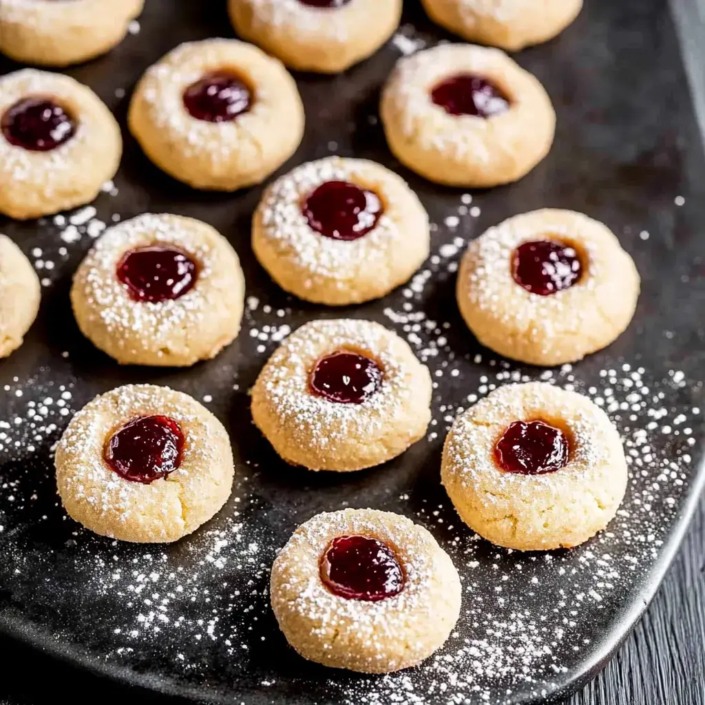 Ein Teller mit frisch gebackenen Plätzchen, bestäubt mit Puderzucker und gefüllt mit roter Marmelade.