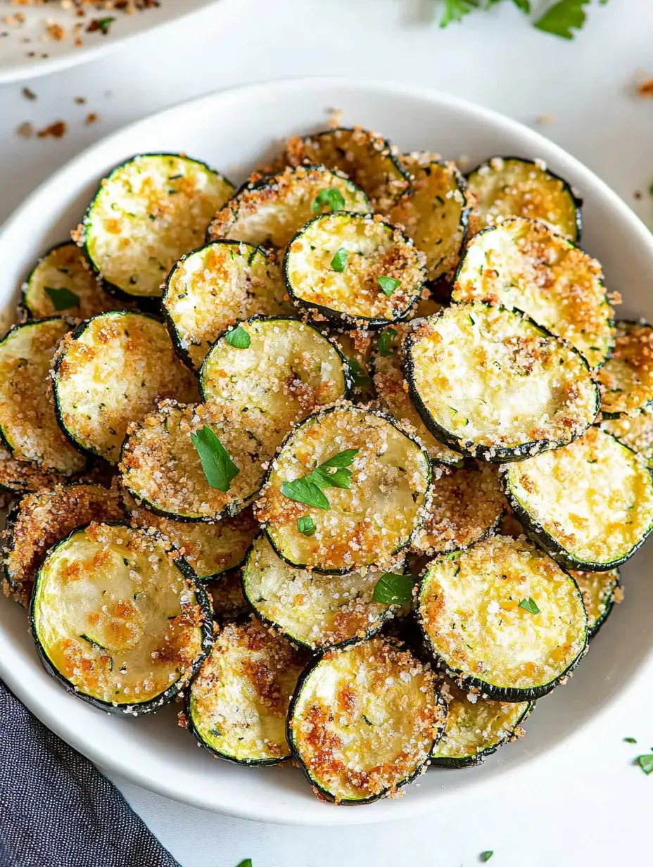 Eine Schale mit knusprig gebackenen Zucchinischeiben, garniert mit frischen Kräutern.