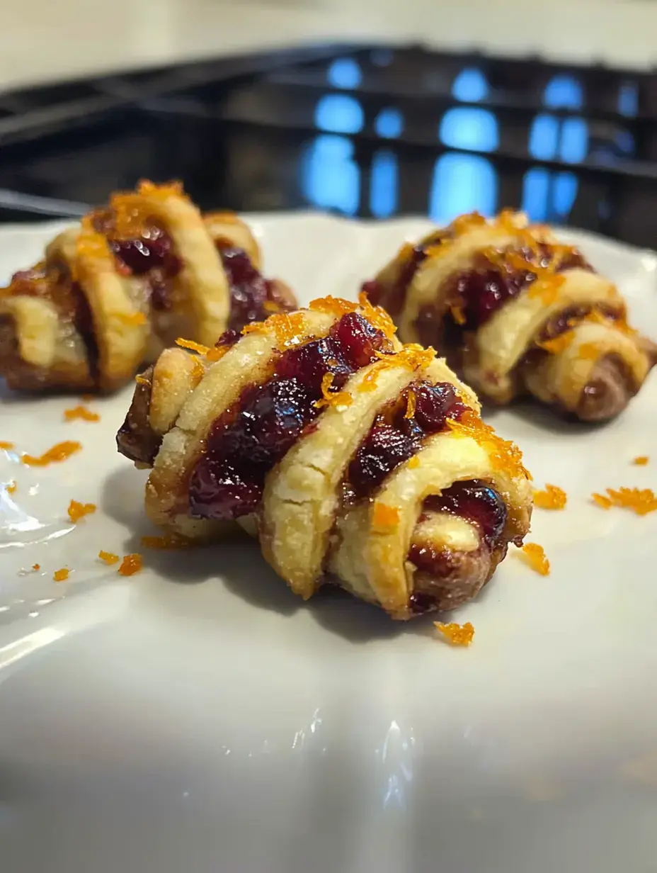 Ein Teller frisch gebackener, blättriger Teilchen mit Cranberry-Füllung und Orangenschale dekoriert.