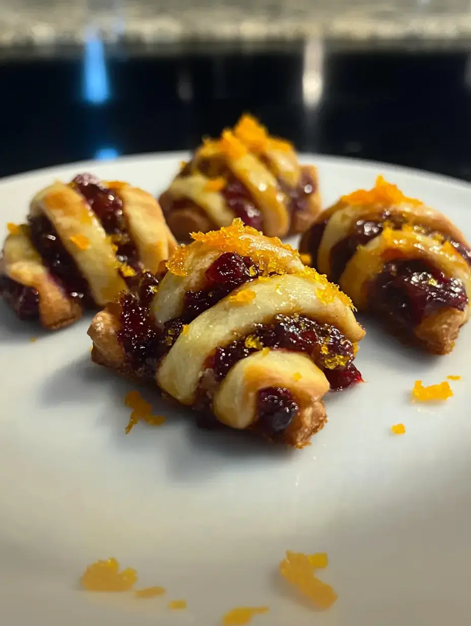 Vier kleine, blättrige Gebäckstücke mit Cranberry-Konfitüre und Orangenschale auf einem weißen Teller.