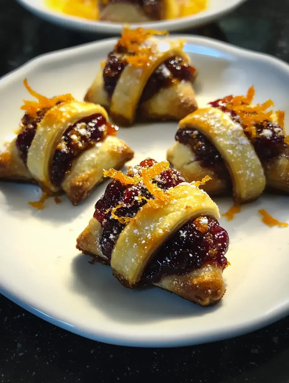 Ein Teller goldene, blättrige Plätzchen mit roter Marmelade und Orangenschale obendrauf.