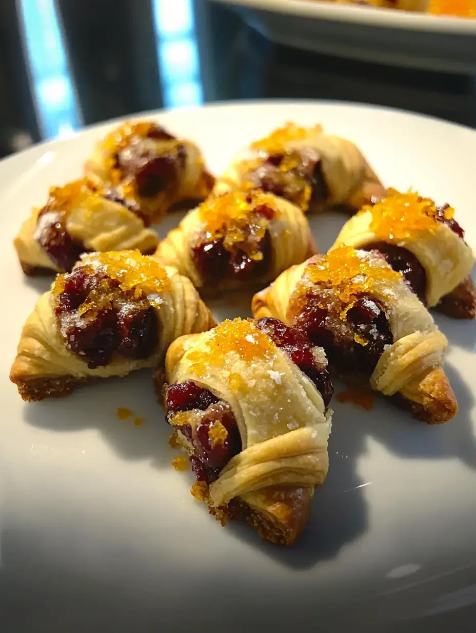 Ein Teller mit kleinen, halbmondförmigen Gebäckstücken. Gefüllt mit Cranberry, bestäubt mit Puderzucker und Orangenschale.