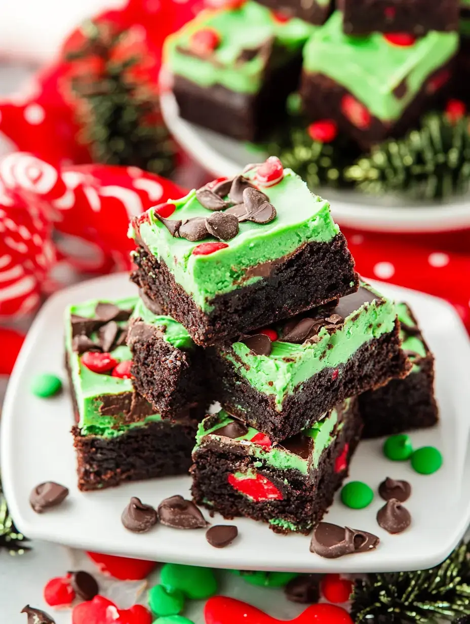 Ein Stapel festlicher Brownies mit grünem Frosting, Schokostückchen und roten sowie grünen Streuseln, alles auf weihnachtlichem Untergrund.