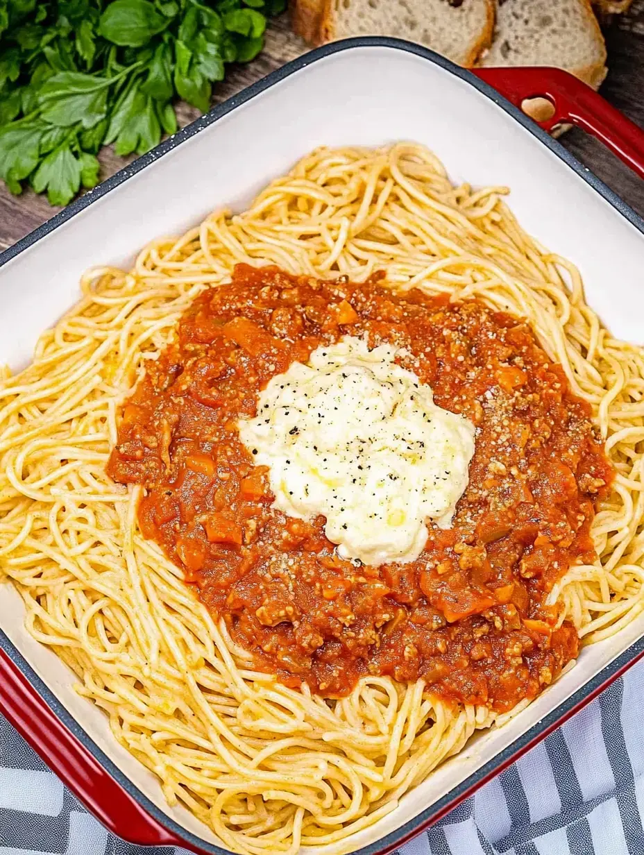 Nahaufnahme von Spaghetti mit Fleischsoße und cremiger Soße, im Viereck serviert, dazu frische Petersilie und Brot im Hintergrund.