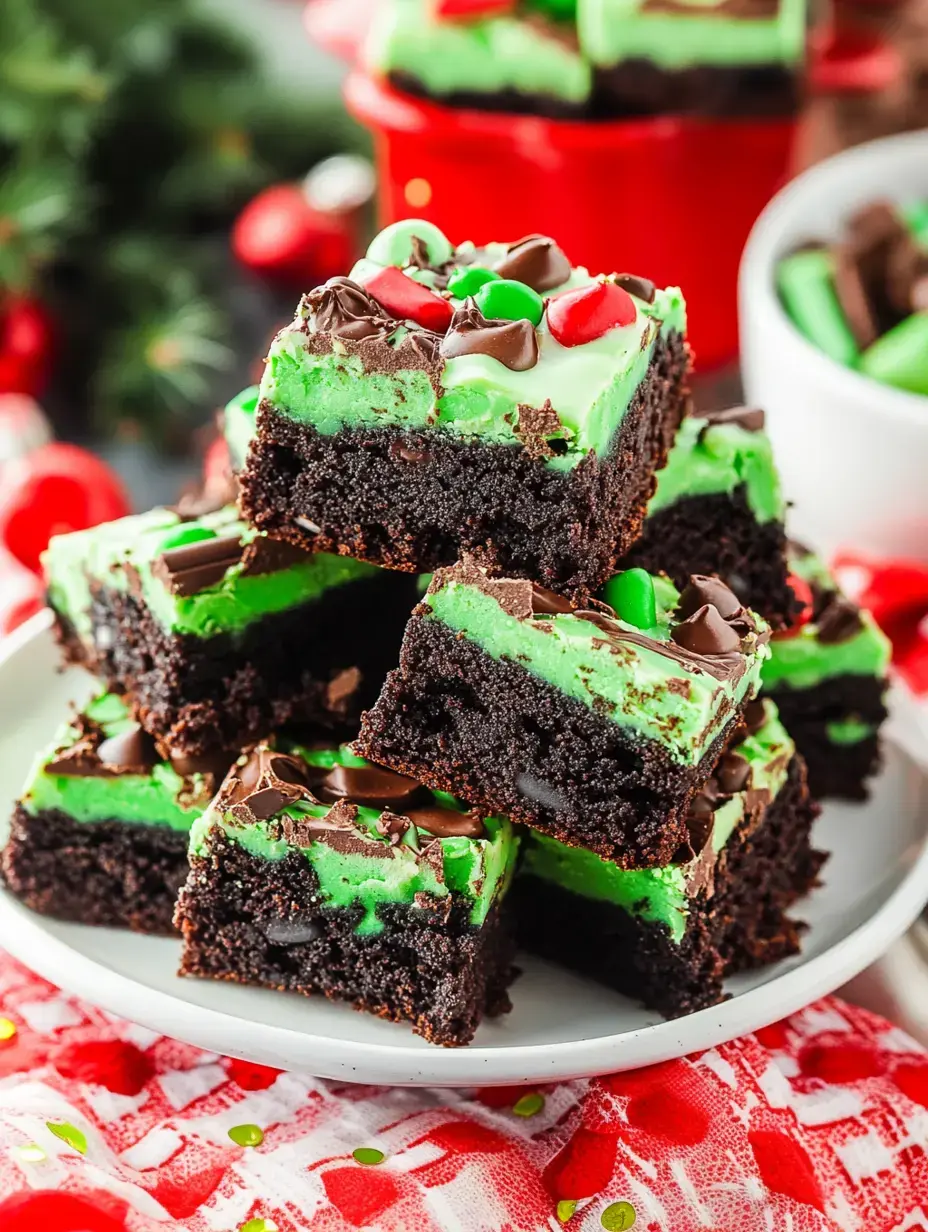 Grüne Brownies und Schokolade mit bunten Streuseln auf einem Stapel, weihnachtlich angerichtet.