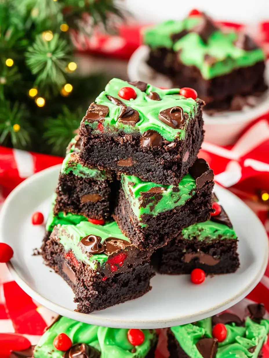 Ein Stapel weihnachtlicher Brownies mit grünem Guss, Schoko-Stückchen und roten Dekoherzen auf einem weißen Teller in festlicher Szenerie.