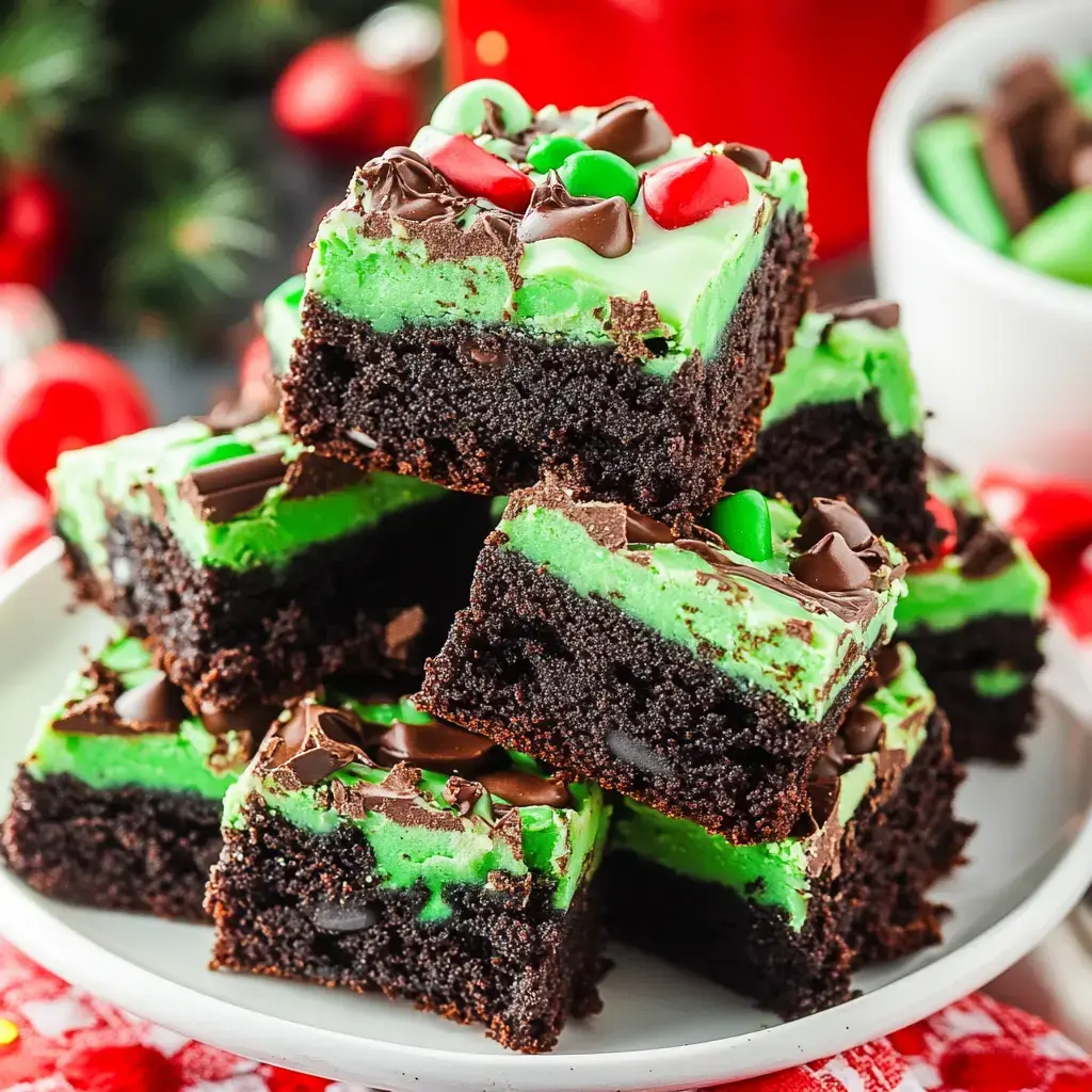 Grün-schwarze Brownies mit Schokostücken und bunten Streuseln übereinandergestapelt.
