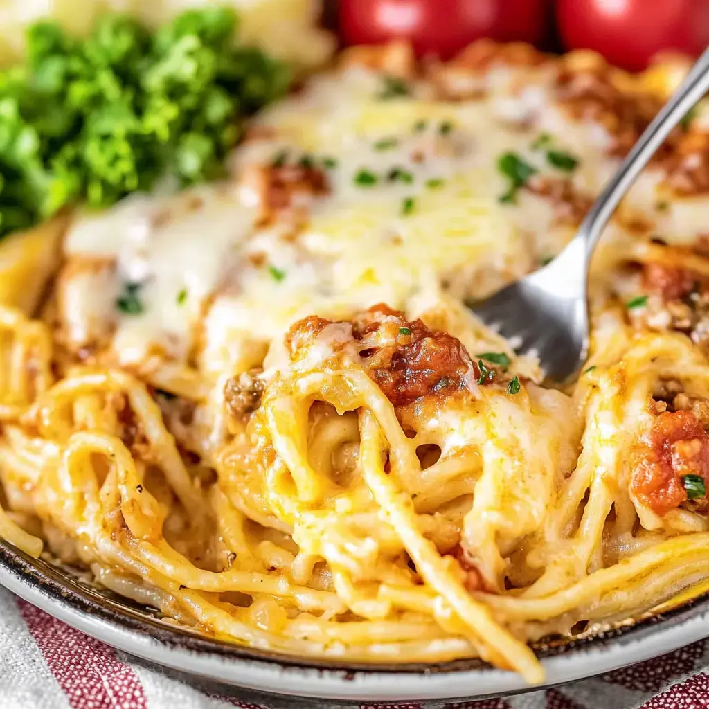 Cremige Spaghetti mit gratiniertem Käse und Petersilie, dazu Blattsalat und Tomaten.
