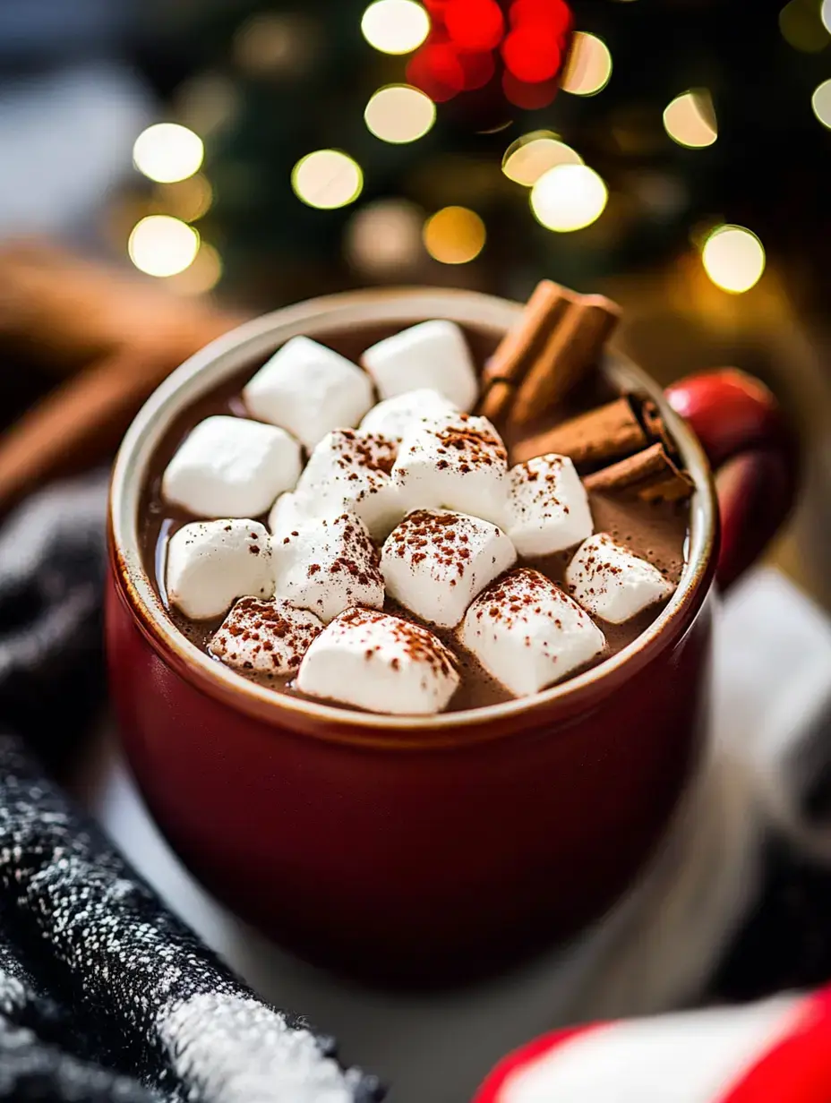 Eine gemütliche rote Tasse voller heißem Kakao, obendrauf Marshmallows und Zimtstangen. Im Hintergrund verschwimmen bunte Lichter.