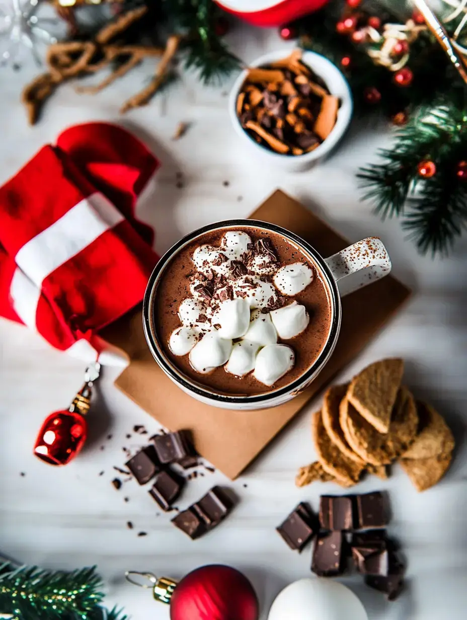 Ein gemütliches Arrangement mit einer Tasse Kakao, Marshmallows, weihnachtlicher Deko, Schokolade, Gebäck und einer rot-weißen Serviette.