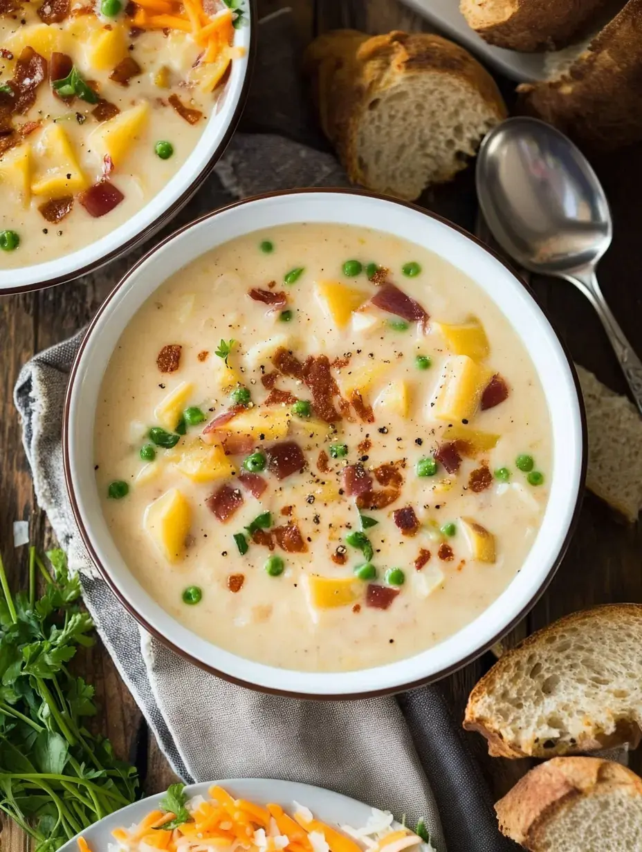 Eine Schale cremige Suppe mit gewürfeltem Schinken, Erbsen und Käse, dazu frisches Brot.